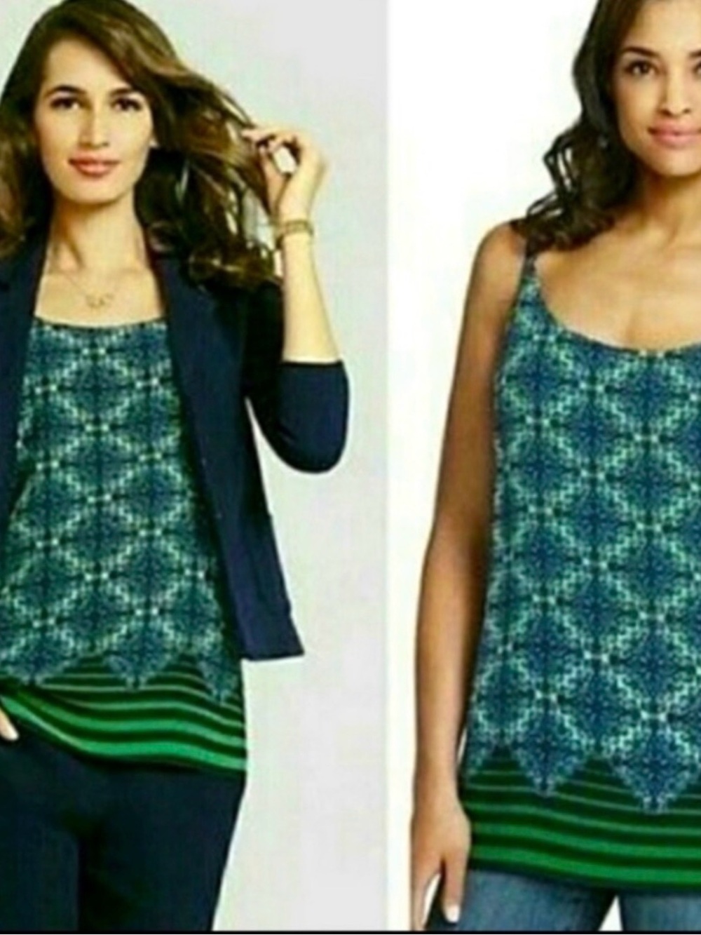 Woven Pattern Green & Blue Sleeveless Women's Top. Cabi border stripe camisole.